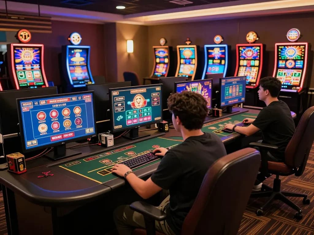 Engaging in online gaming at hm88 with vibrant casino games displayed on multiple screens.
