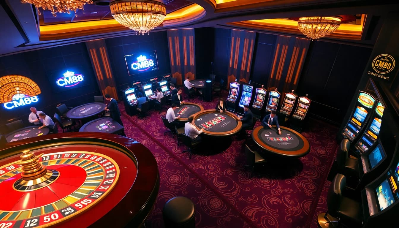 Excited players engage with CM88 branded casino tables under luxurious lighting.