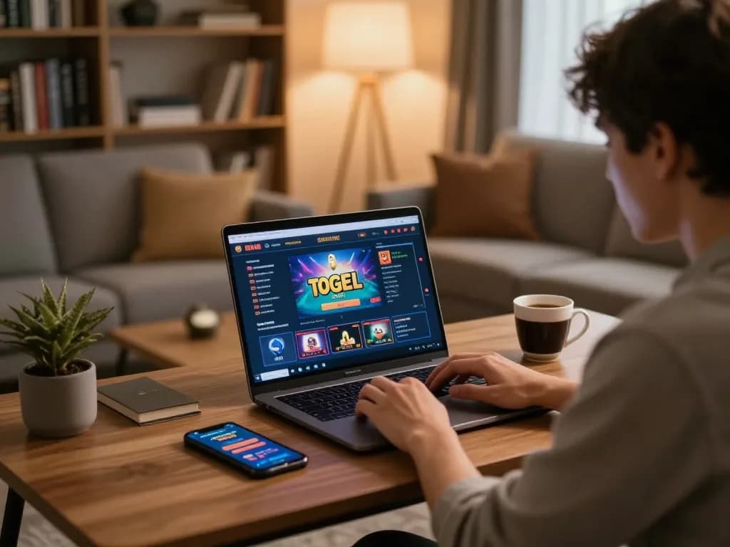 Engaged player using togel online platform on laptop in inviting home setting.