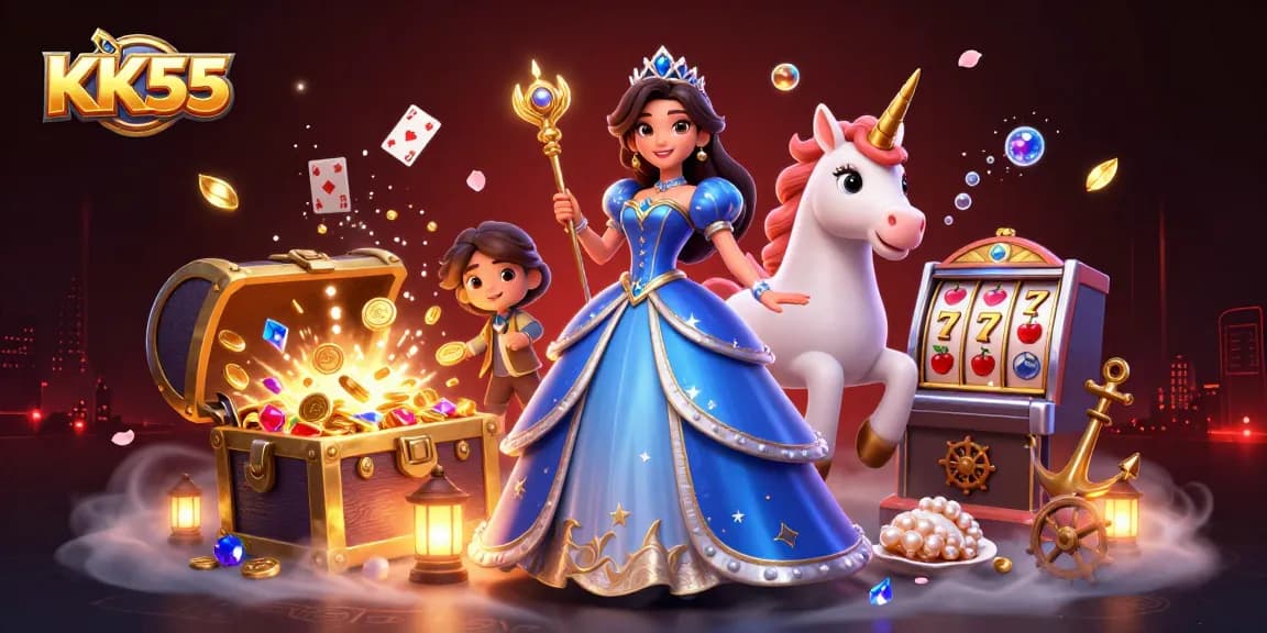 Engage with KK55 through vibrant casino magic featuring slots, treasures, and enchanting characters.