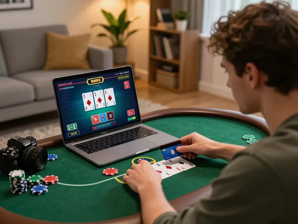 Engaged player at a credit card casino UK enjoying poker on laptop in a cozy home setting.