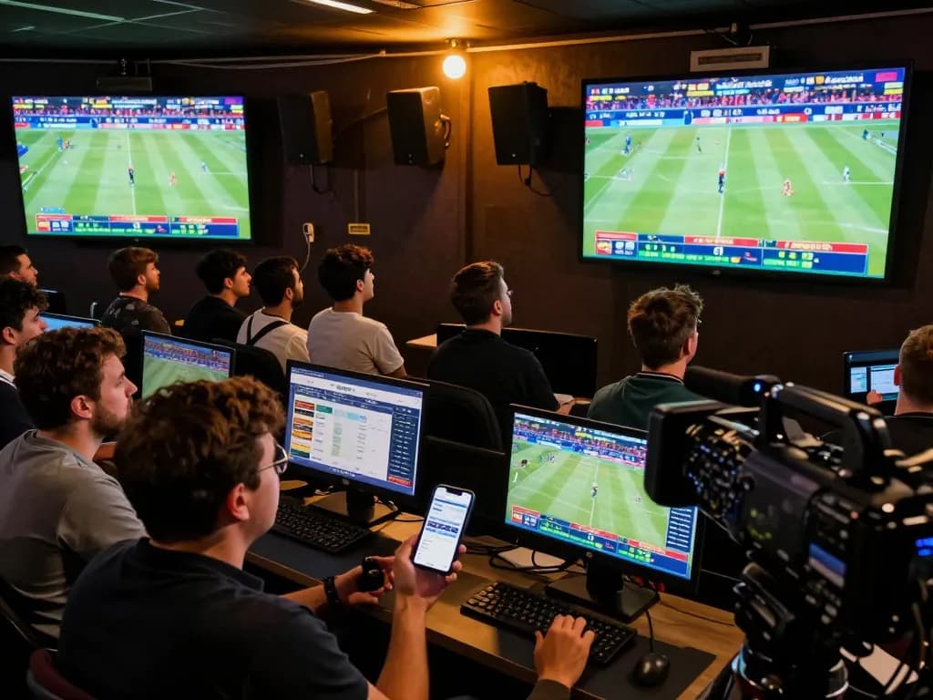 Engaged sports bettors using the 9bet app in a lively stadium atmosphere, capturing the thrill of live betting.