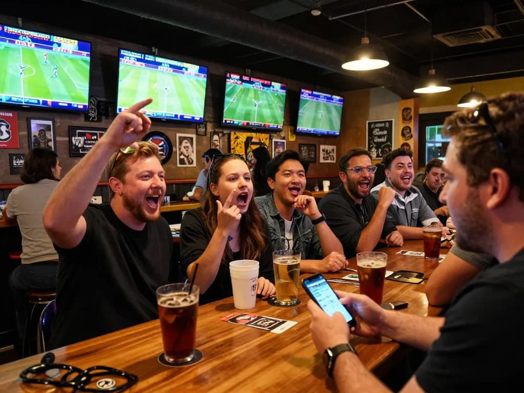 Tỷ lệ kèo nhà cái displayed on a smartphone in a lively sports bar setting.