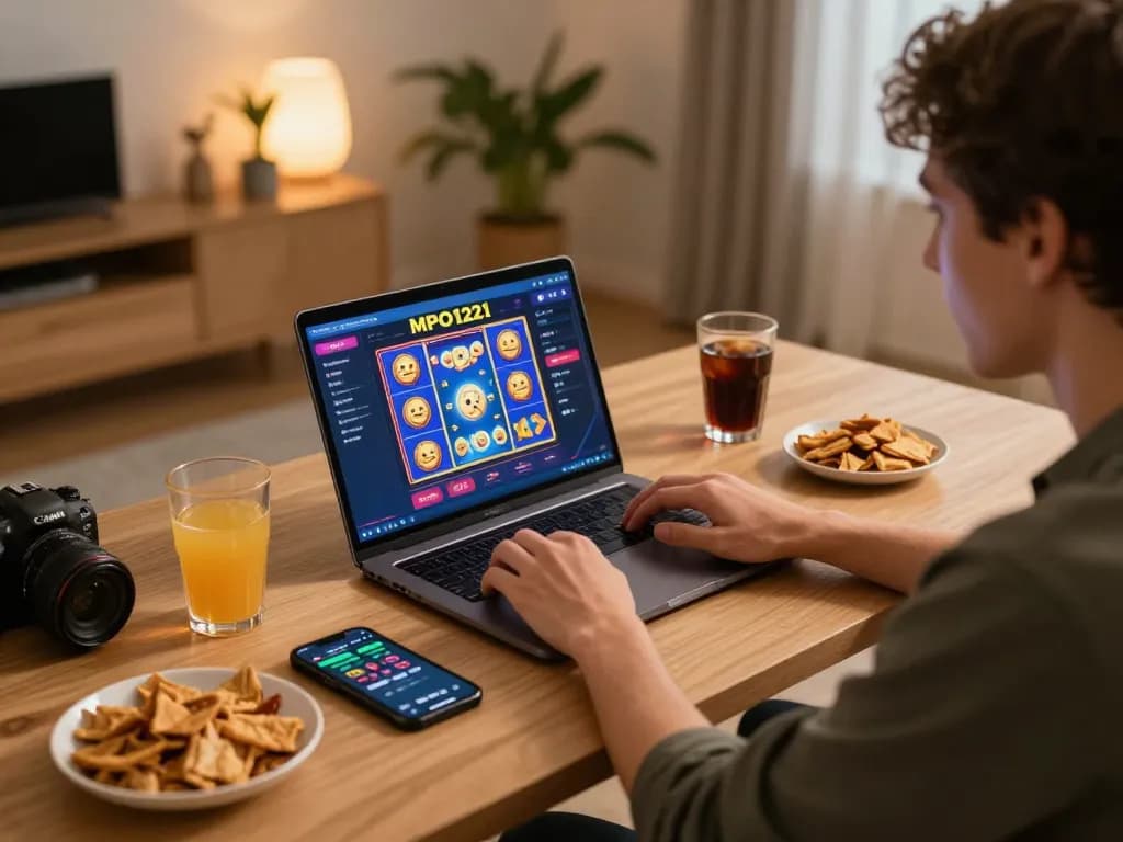 MPO1221 permainan daring dengan slot yang berwarna-warni terlihat di laptop di kantor rumah yang nyaman