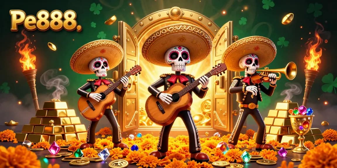 Experience exciting Pe888 gameplay with a vibrant mariachi band and abundant gold treasures in this digital 3D illustration.