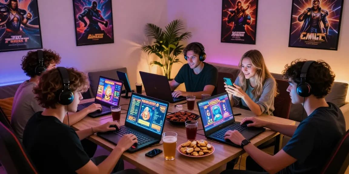 Friends excitedly playing pajaktoto online slots in a lively gaming room.