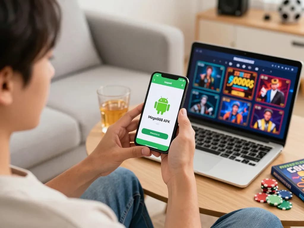 Excited user downloading Mega888 APK for Android, showcasing mobile gaming setup and casino atmosphere.