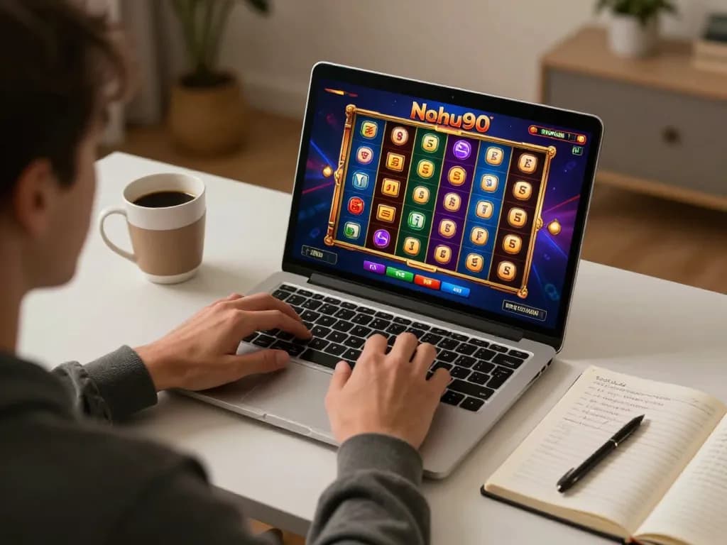 Nohu90 player enjoying a winning moment on slot game via laptop, showcasing online gambling experience.