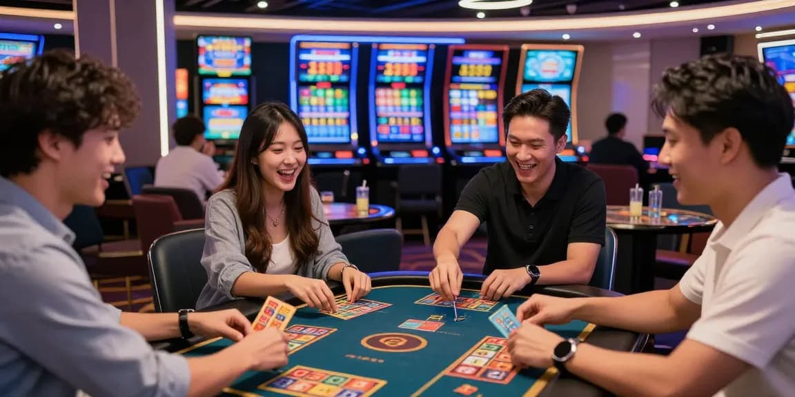 Suasana bandar togel terpercaya dengan pemain ceria dan tiket berwarna-warni.