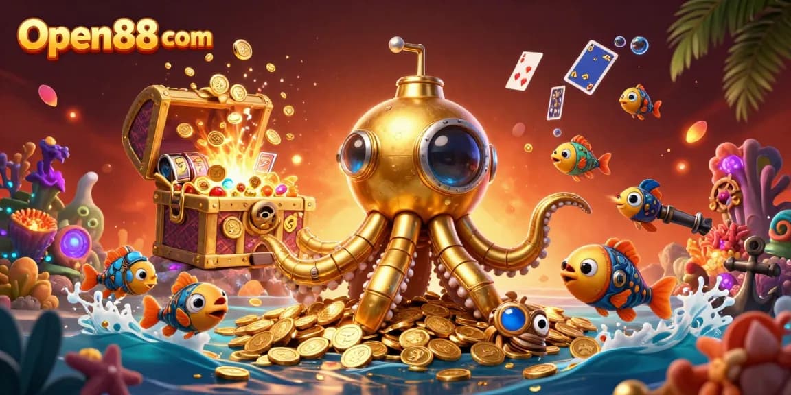 Engage with the fun of Open88 com by exploring a rich 3D casino scene with a golden kraken submarine and vibrant slot elements.