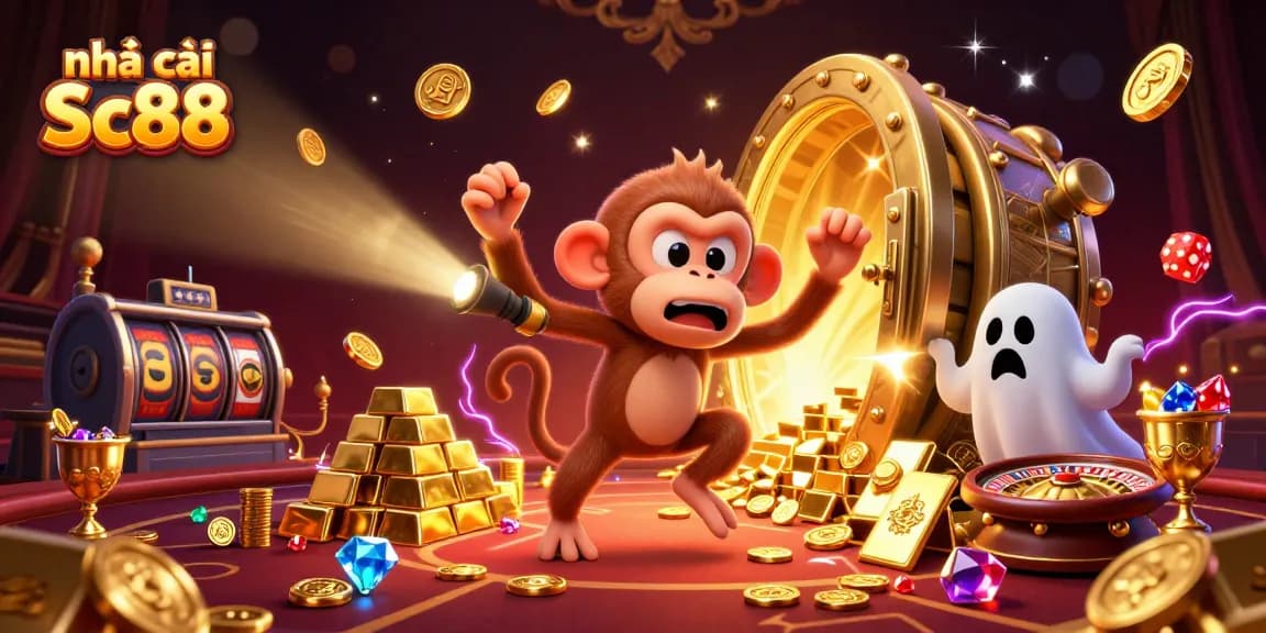 Experience thrilling gameplay at nhà cái Sc88 while a poltergeist monkey juggles casino riches.