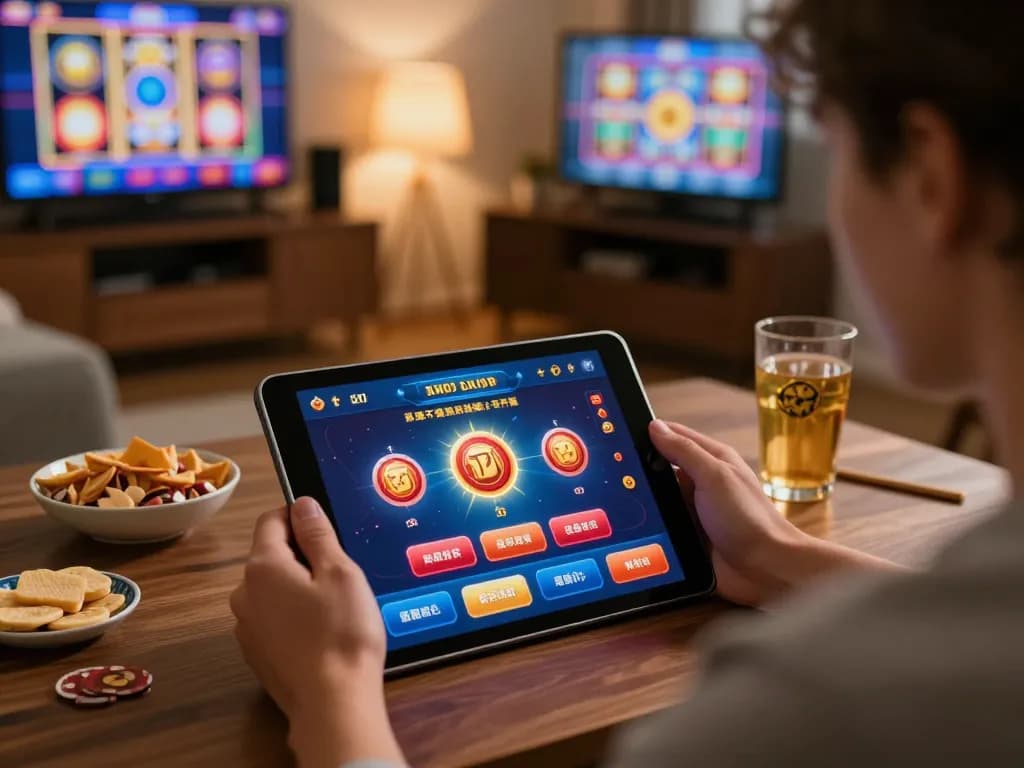 Mobile gambling on tablet showing casino app interface with vibrant graphics at home cn.