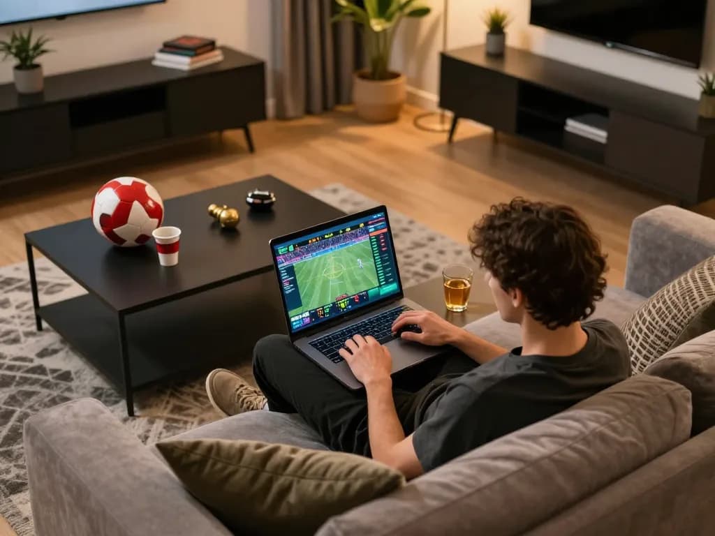 Soi Kèo sports betting scene with person focused on laptop in a cozy living room.