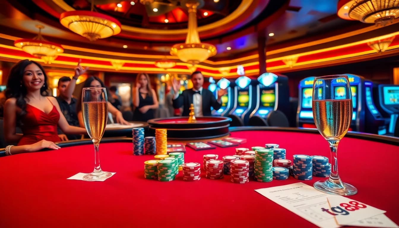 Experience thrilling gameplay at tg88 with a luxurious poker table and vibrant casino elements.
