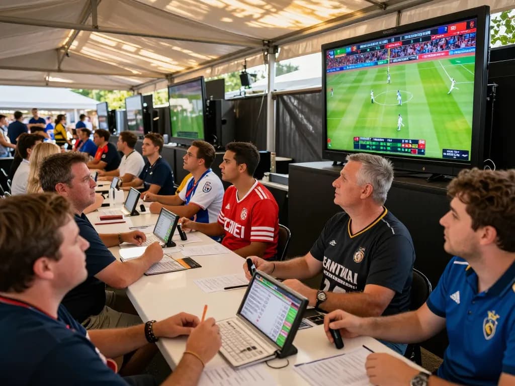 DEBET sports fans placing bets during a live event, showcasing excitement and vibrant atmosphere.