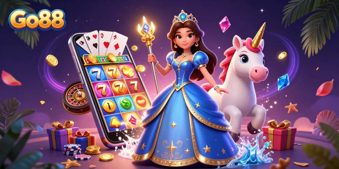 Experience Go88's thrilling atmosphere with a mystical scene featuring a royal figure, games, and magical elements.