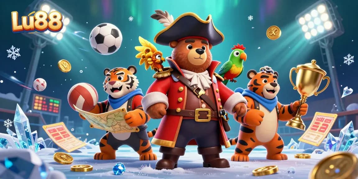 Experience thrilling bets with Lu88, showcasing 3D cartoon pirate characters amid dynamic sports elements.