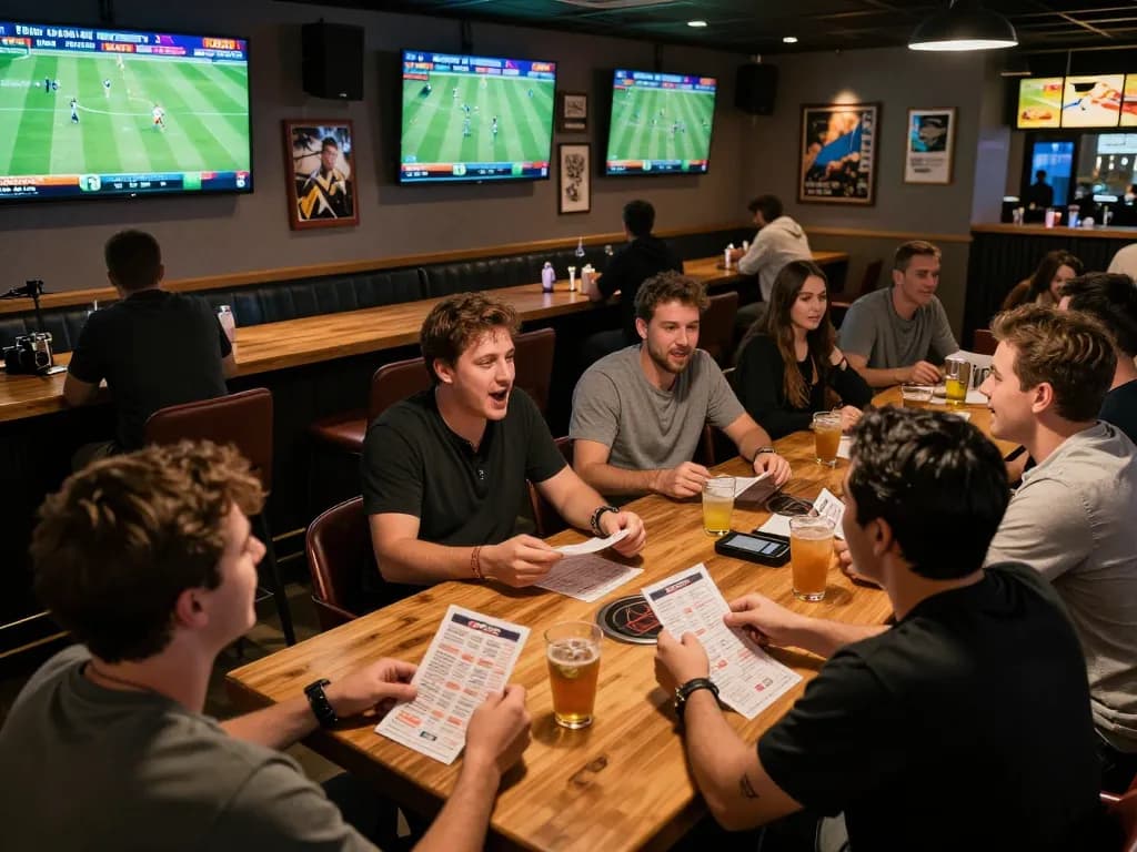 Friends engaging in lively sports betting at LuongsonTV while watching live games on multiple screens.