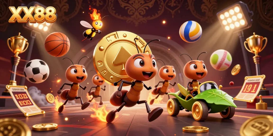 Engage with XX88's vibrant gambling scene featuring ants and sports elements in a whimsical heist.