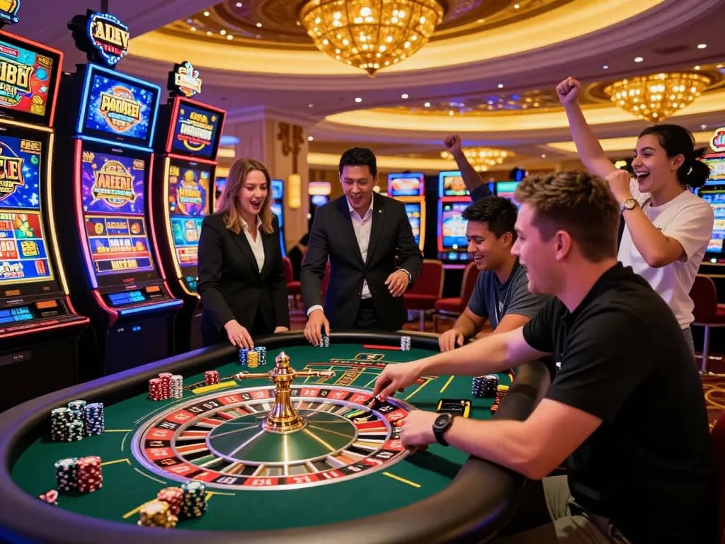 Alev casino 664 gaming scene showcasing an excited player at a roulette table with live dealer interaction and vibrant slot machines.