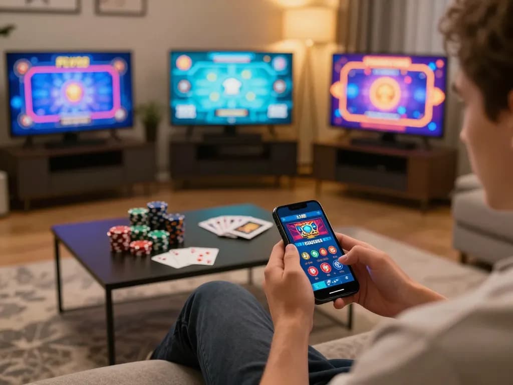 Engaging in mobile gaming on the fly88 app, showcasing a lively online casino experience from home