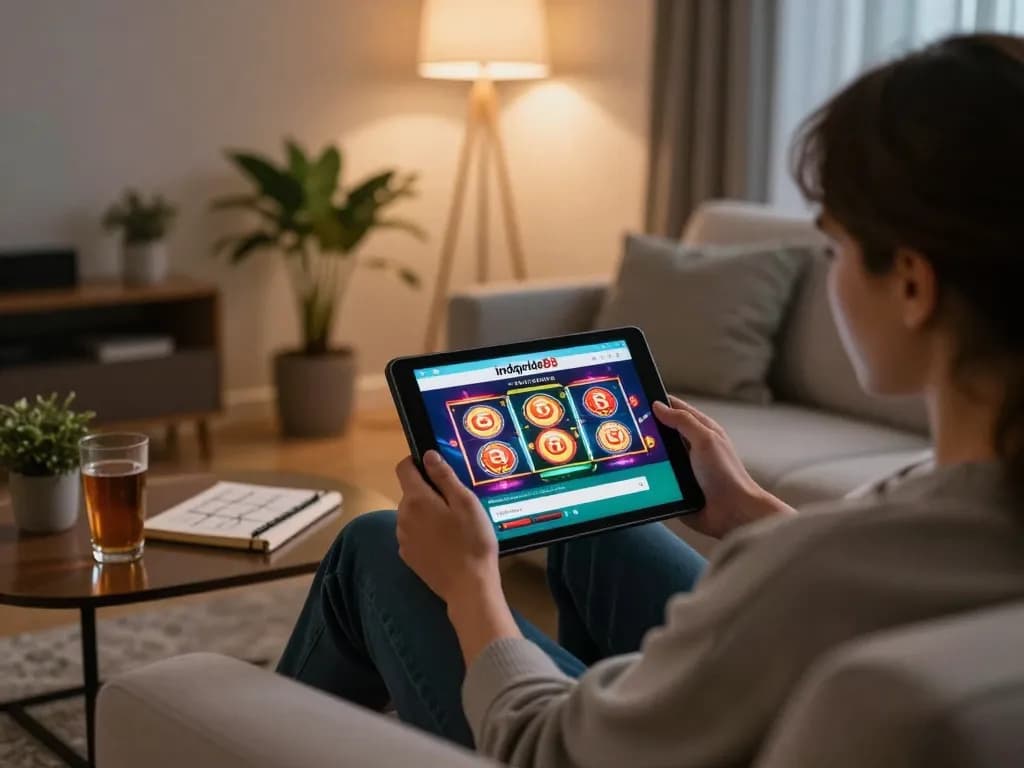 Accessing indopride88 login on a tablet in a cozy home gaming setup with drinks and strategy notes