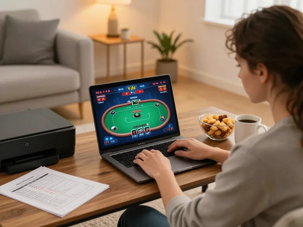 Sin88 player engaging in online poker from home, showcasing strategy and comfort in personal space.