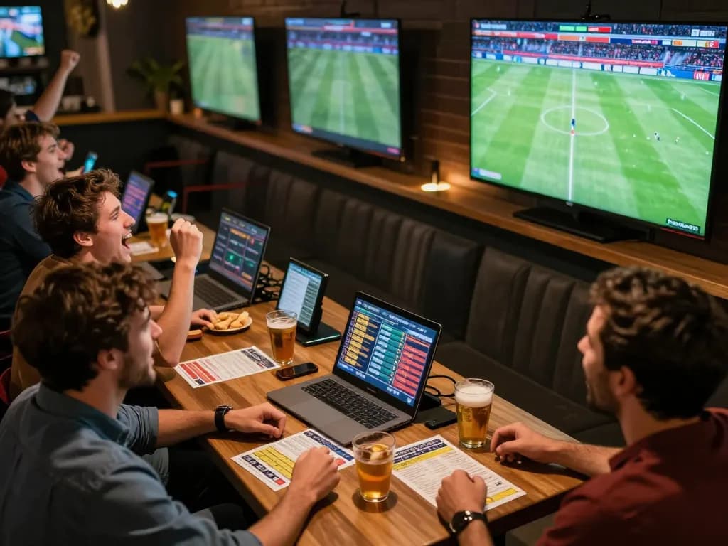Tỷ lệ kèo nhà cái hôm nay showcased at a lively sports betting event with friends cheering