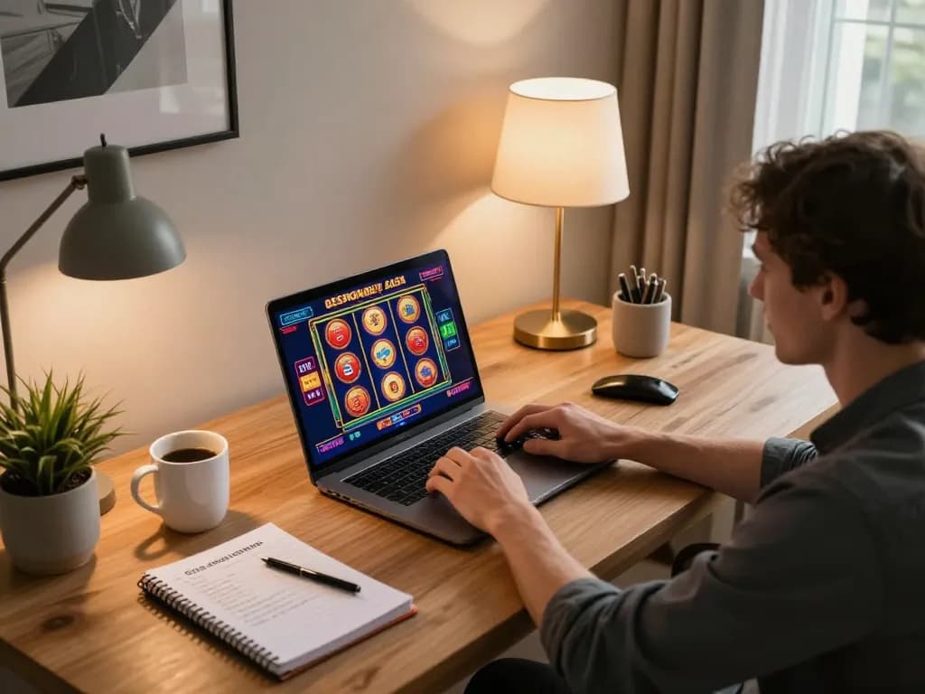 Sun win player enjoying an online slot game on a cozy home setup with vibrant graphics and strategy notes.