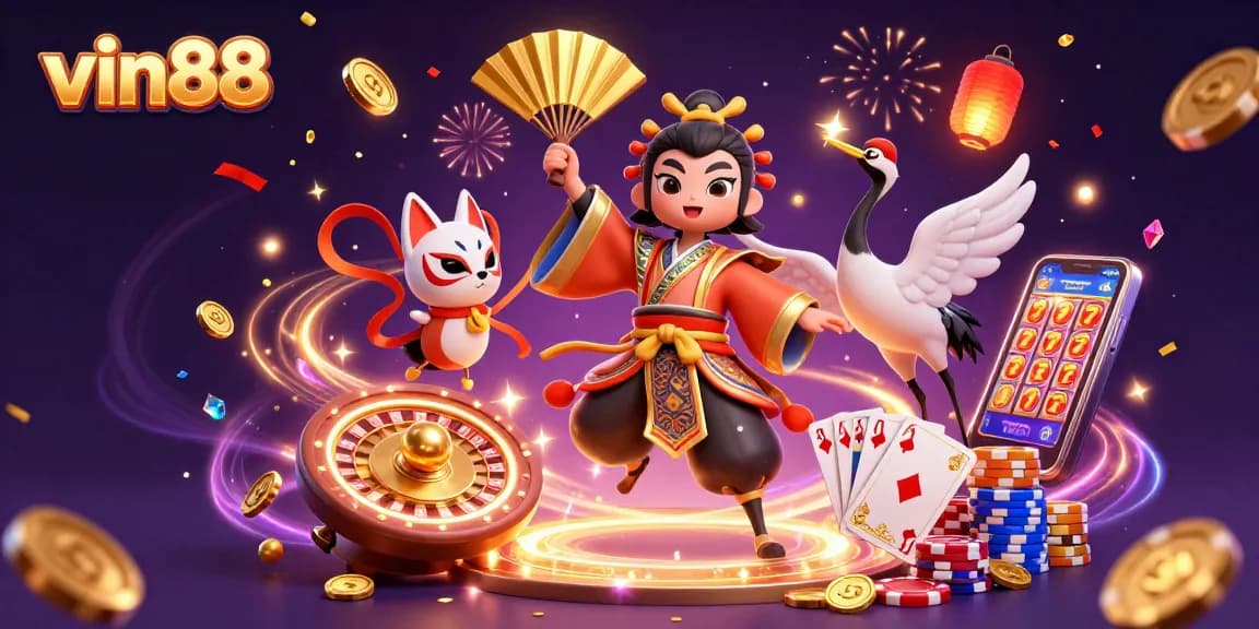 Experience thrilling gameplay at vin88 with a vibrant casino scene featuring gold coins, cards, and rich colorful elements.
