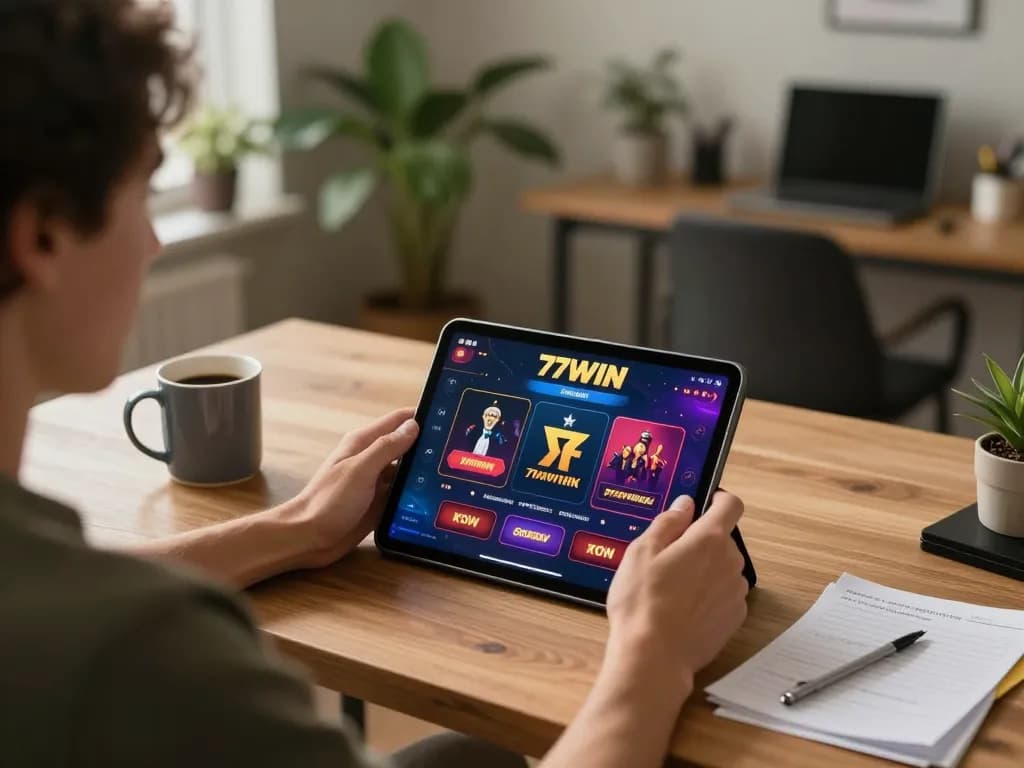 Engaging with 77WIN online casino on a tablet in a cozy home office