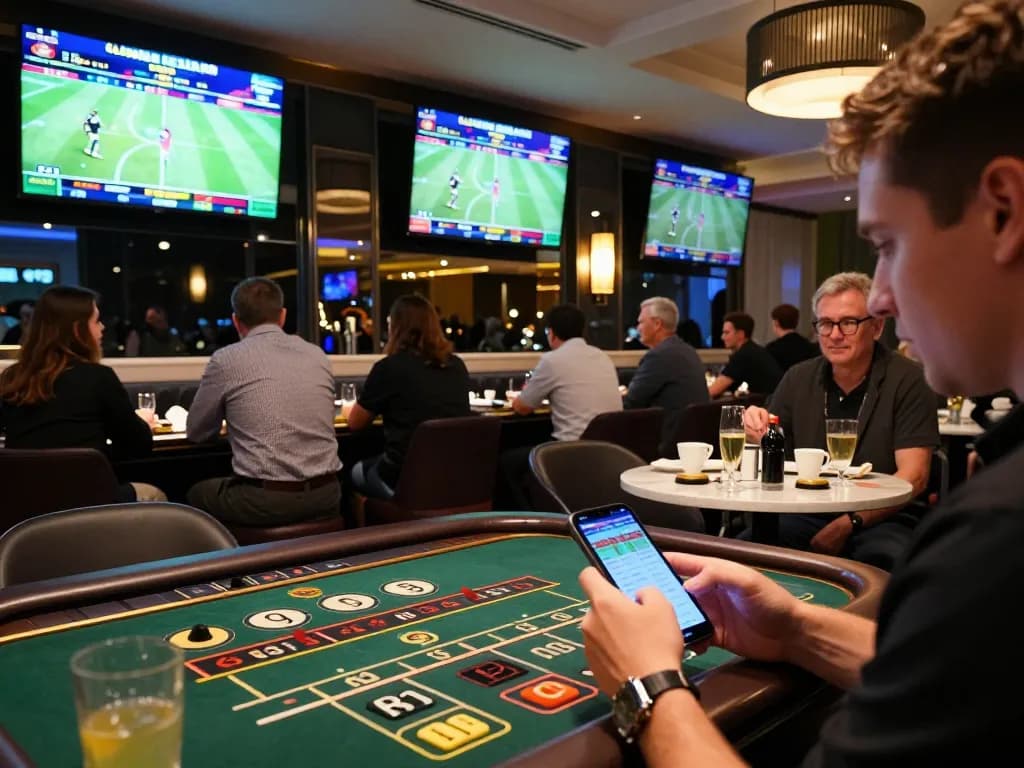 Place bets on luck8 at a premium sports betting lounge with screens displaying live events