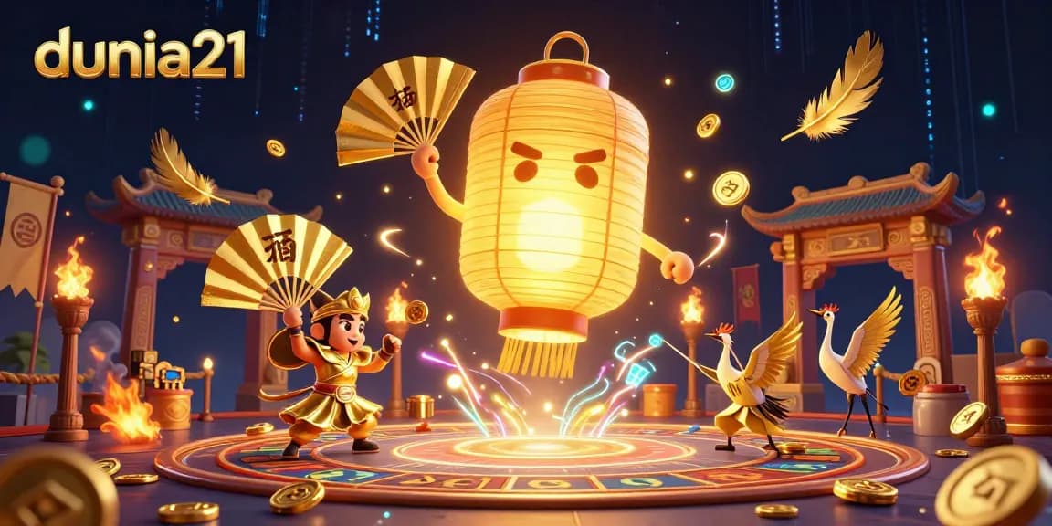 Engage with the vibrant dunia21 casino scene featuring a golden lantern spirit, warriors, and lucky symbols.