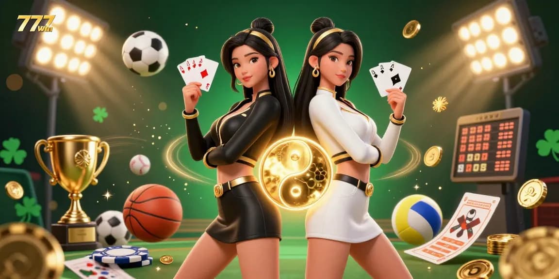 Rasakan permainan mendebarkan di 777win dengan dua wanita Asia yang menunjukkan kartu kasino di suasana kasino yang cerah.