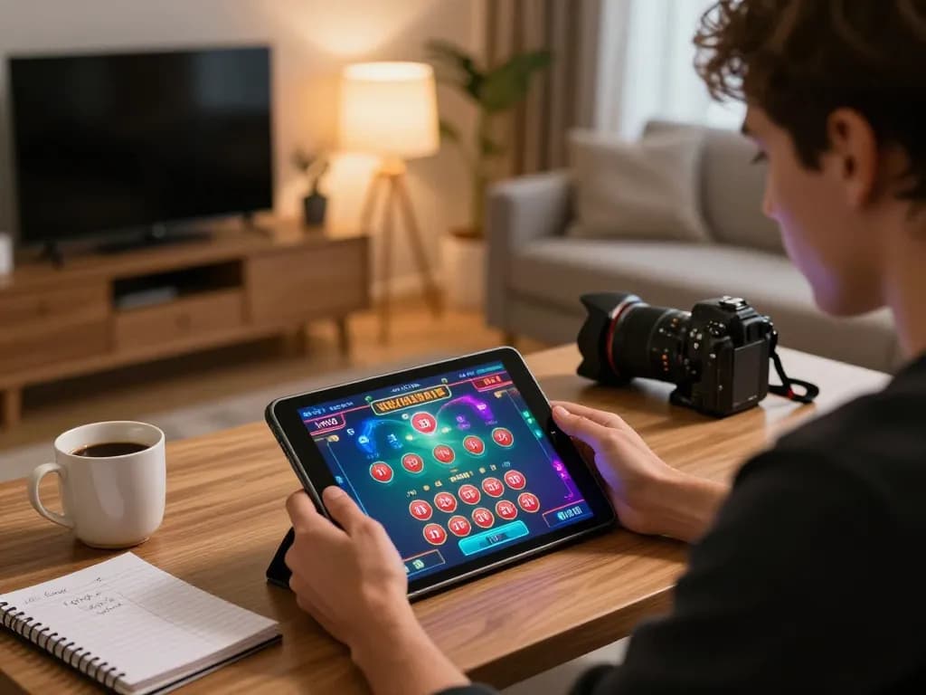 Engaged player enjoying live dealer game on vin88 platform at home, cozy setup.
