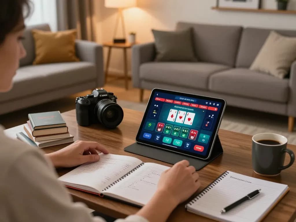 Player enjoying poker on W4U app in a cozy home environment with strategy notes and relaxed atmosphere.
