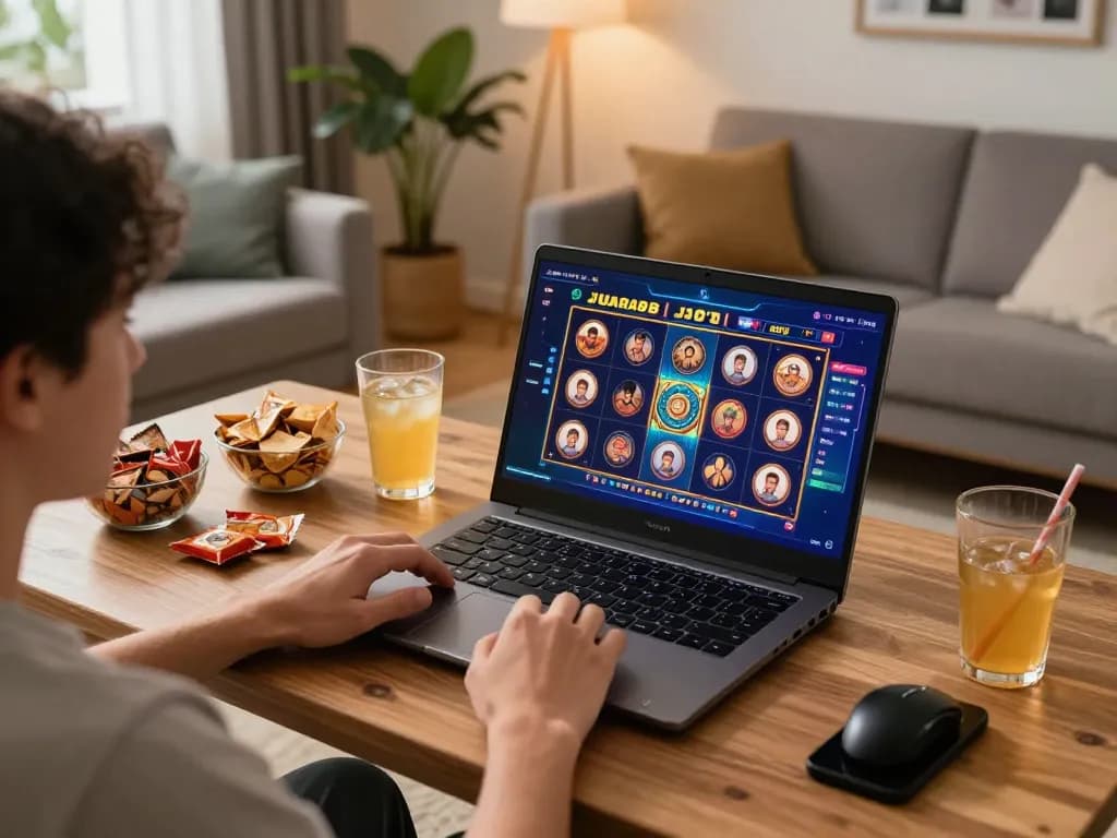 Engaging with JUARA88 online slot games in a cozy living room setting