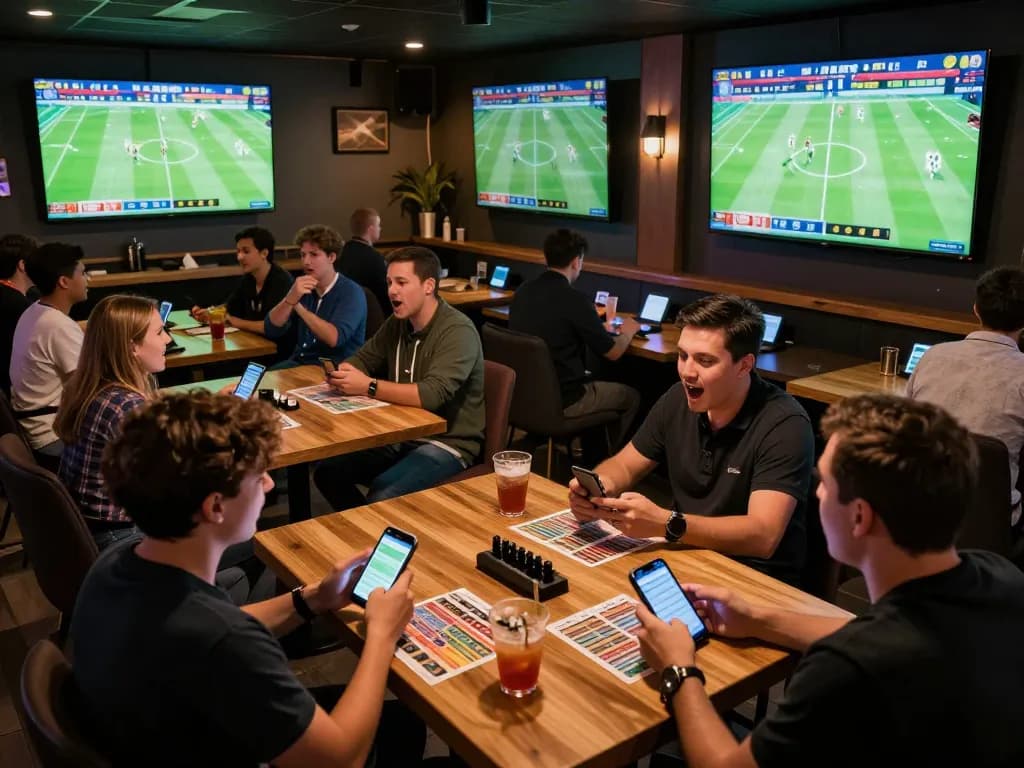 Soi kèo tây ban nha betting excitement captured in a lively sports bar atmosphere with fans engaging with their mobile devices.
