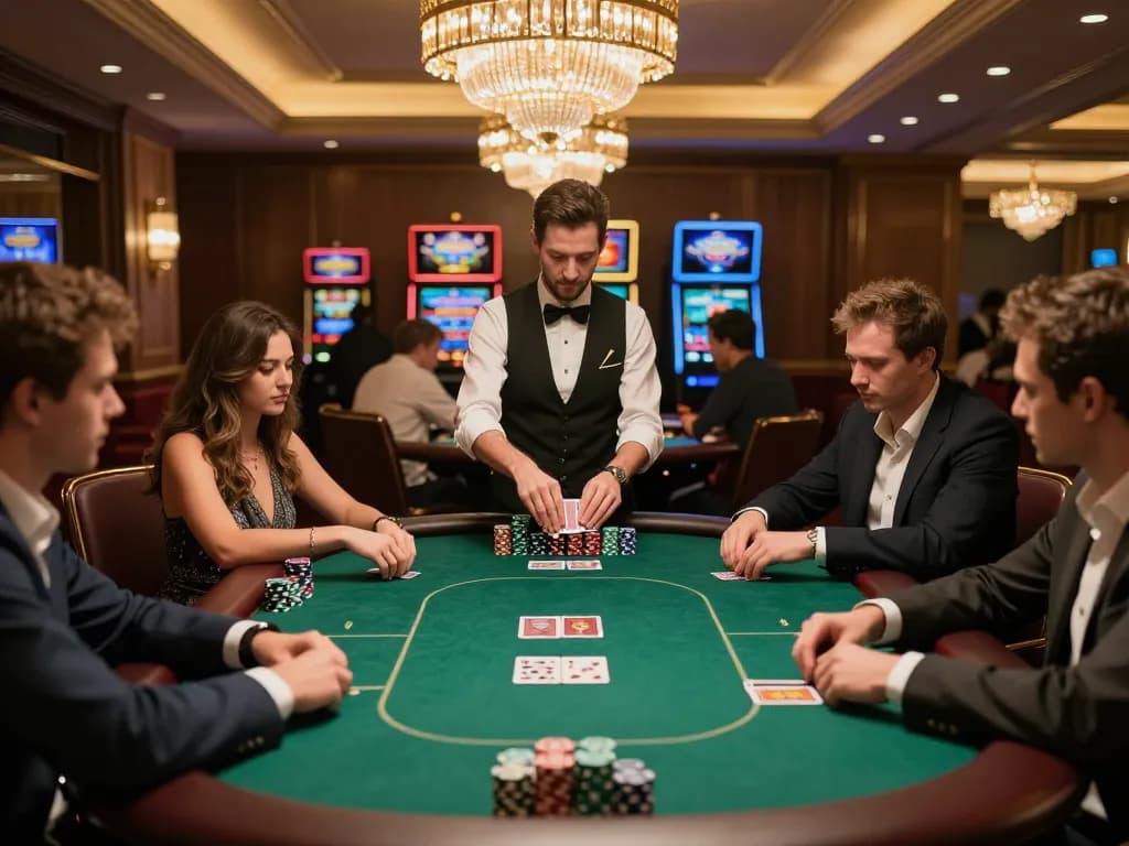 Pemain menikmati permainan poker kompetitif di meja kasino mewah, menyoroti taruhan dan strategi uxplora.