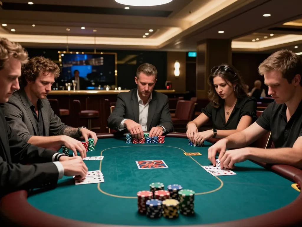 Go8 poker players strategizing their bets at high-stakes table in luxurious casino.