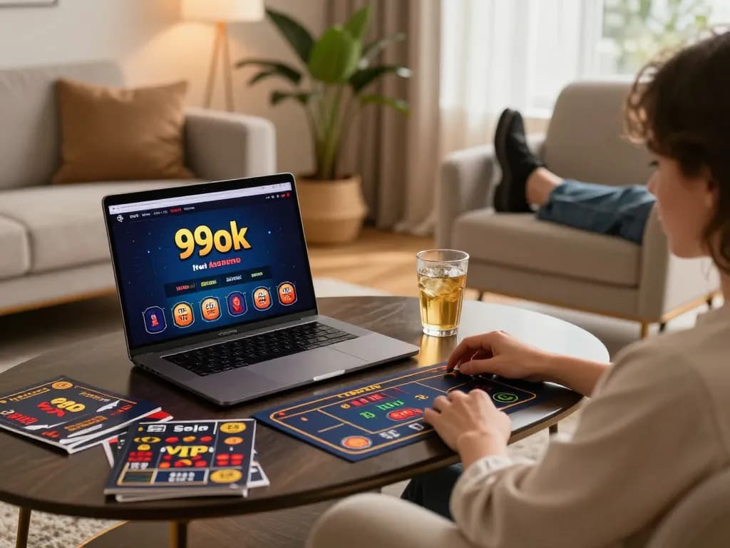 Engaging in strategic gaming at 99ok's online casino interface in a modern living room.