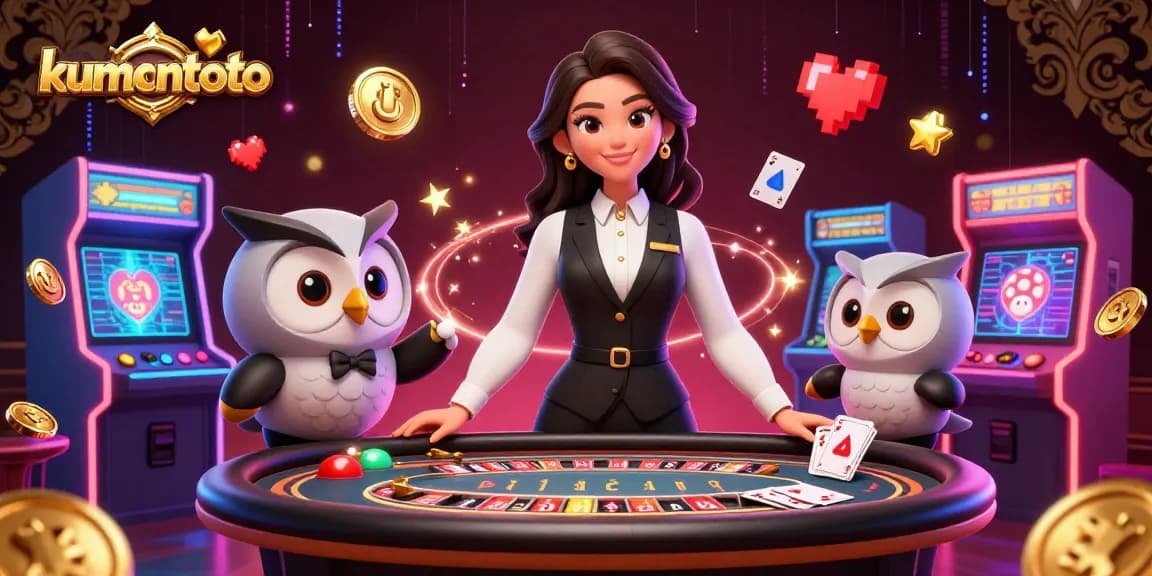Experience thrilling gaming action with kumontoto's vibrant 3D casino scene featuring skilled dealers and dynamic game elements.