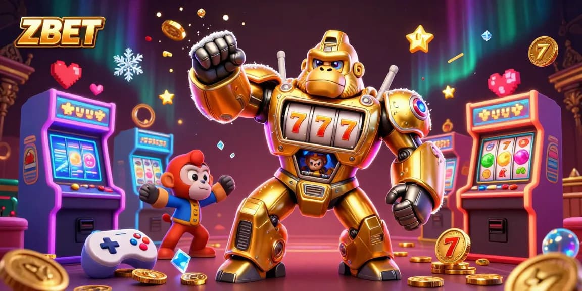 ZBET gaming experience enhanced with a golden gorilla mech and vibrant arcade elements bursting with excitement.