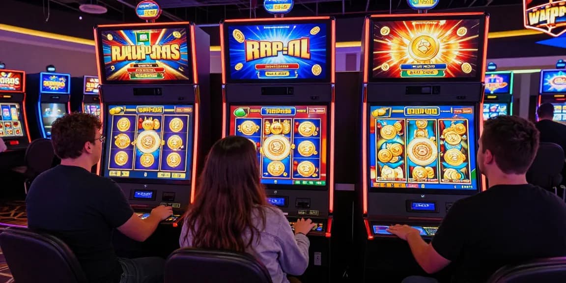 Visualisasi permainan slot online di platform gaming interaktif dengan berbagai mesin slot dan elemen hiburan.