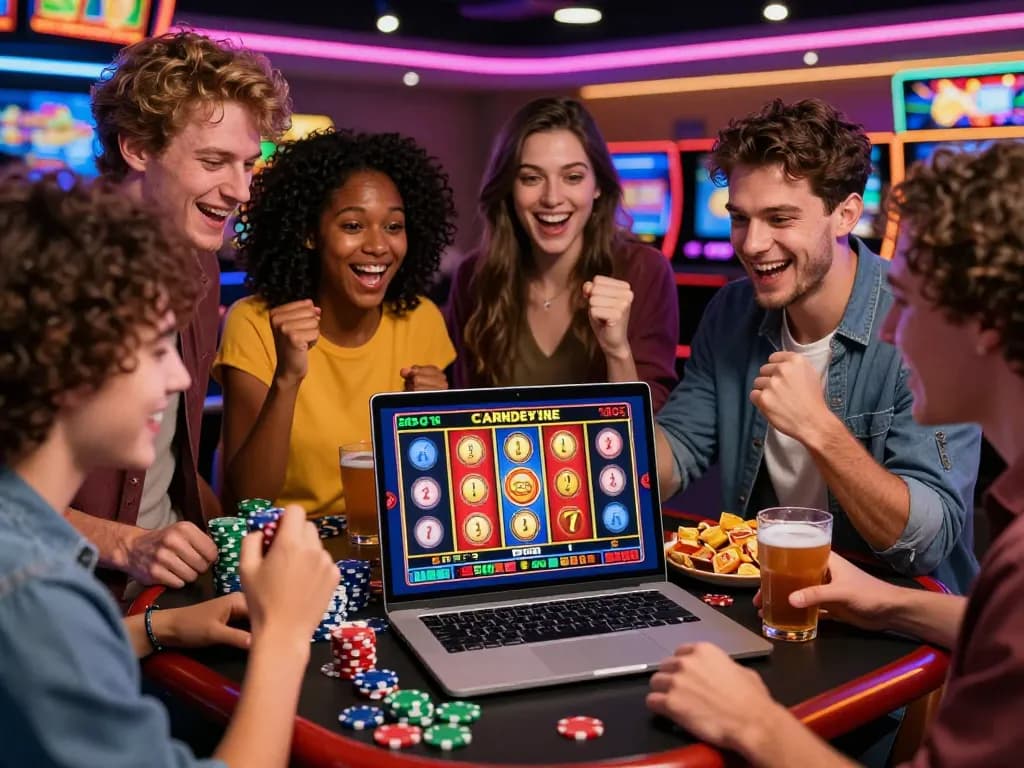 Friends celebrating a win with the code promo wild sultan visible on laptop screen, creating a lively casino atmosphere.