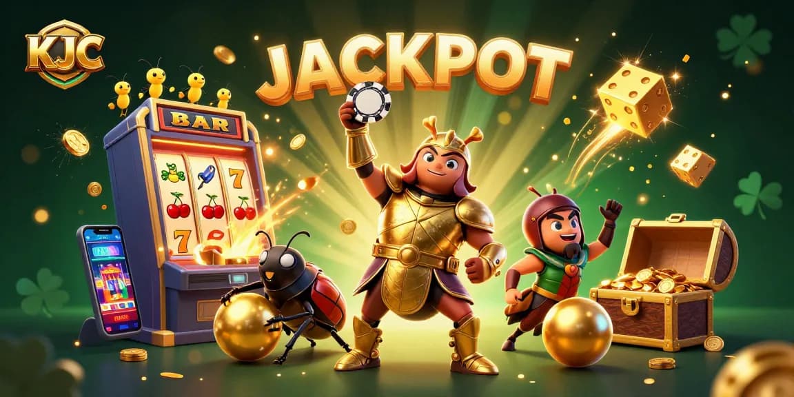 Join KJC in this vibrant scene celebrating a jackpot win with colorful casino elements and joyous characters.