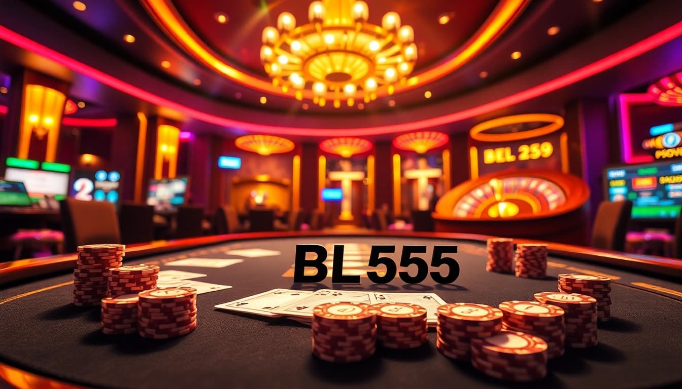 Intense poker game at BL555 casino with chips and cards, radiating excitement.