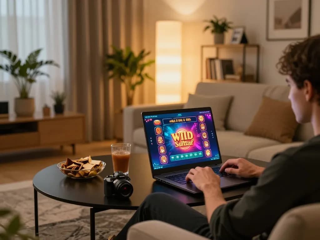 Engaging action on Wild Sultan Casino bonus gaming at a cozy home setup, emphasizing online strategy.
