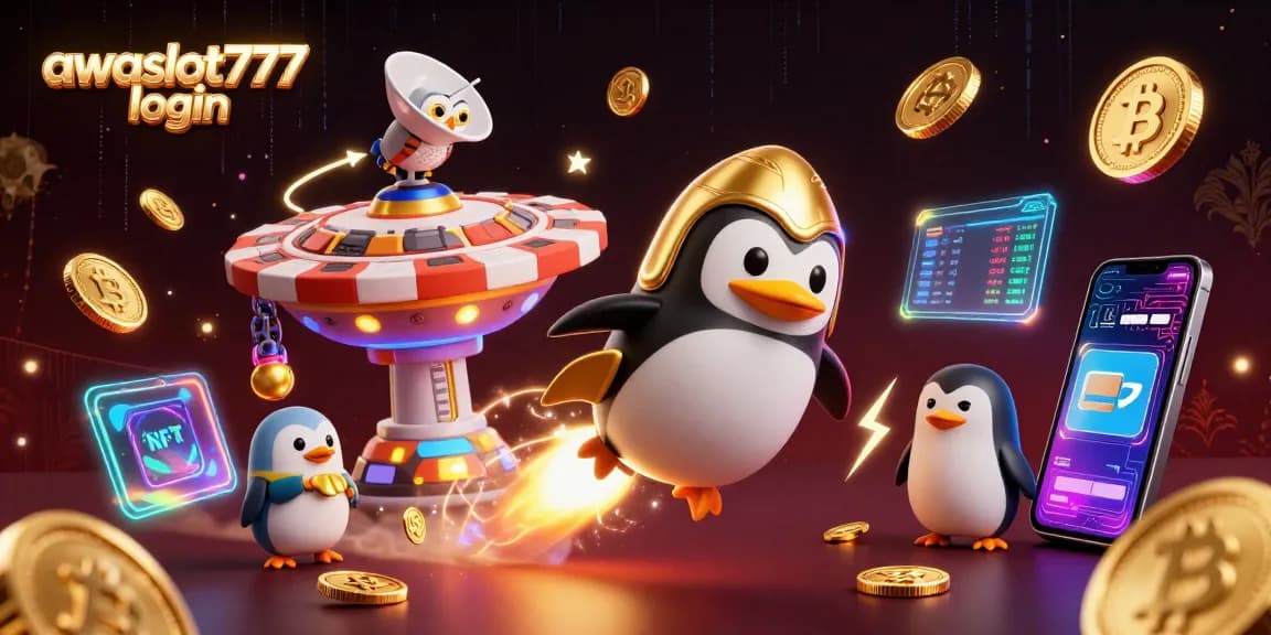 Play exciting games with awslot777 login, featuring a golden penguin and vibrant crypto elements.