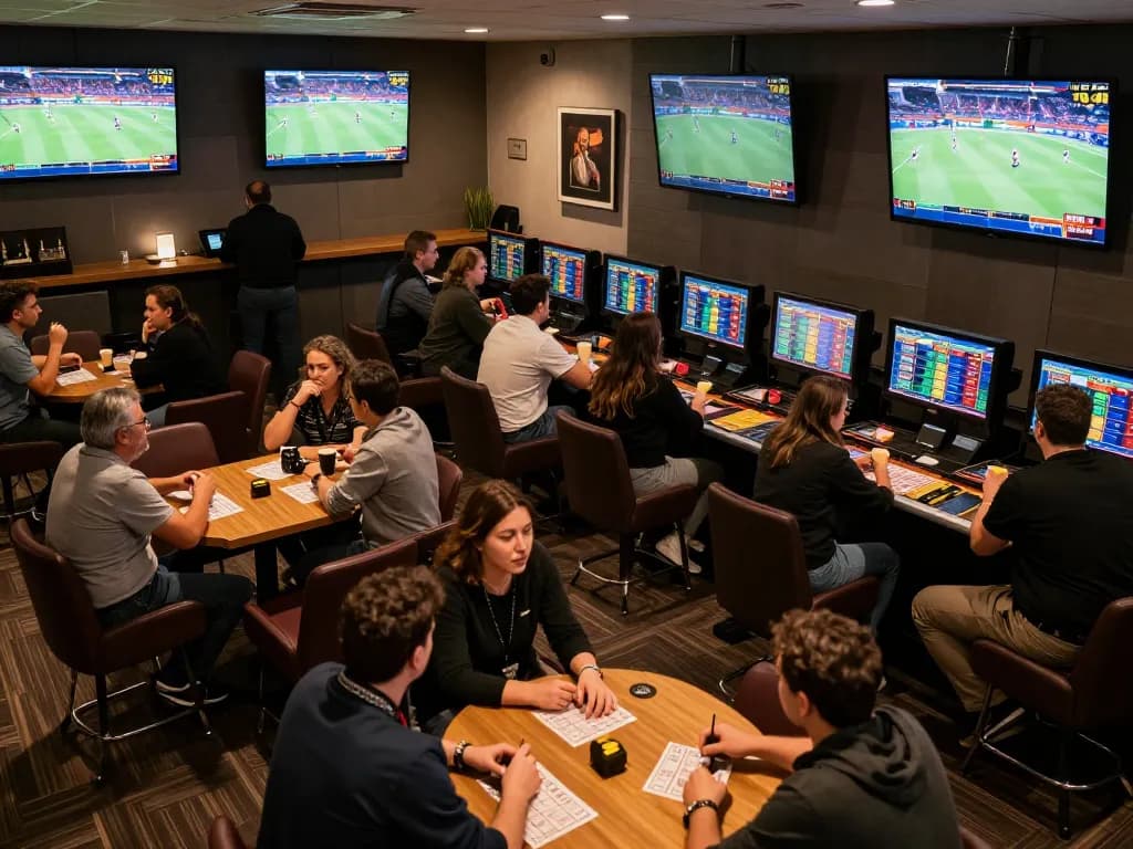 Sit and place bets while engaging in sports betting in a lively lounge, soi keo nha cai atmosphere highlights excitement and strategy in the game.